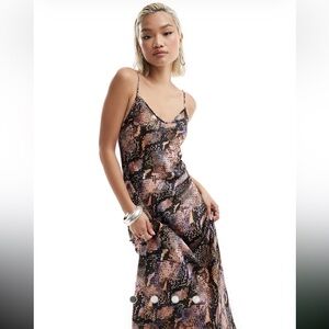 AllSaints Bryony Tahoe Snake Print Satin Midi Slip Dress Size US 4